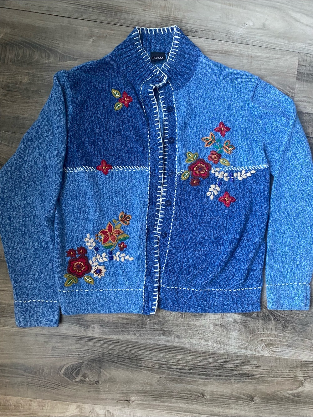 Erika Blue Embroidered Floral Knit Cardigan